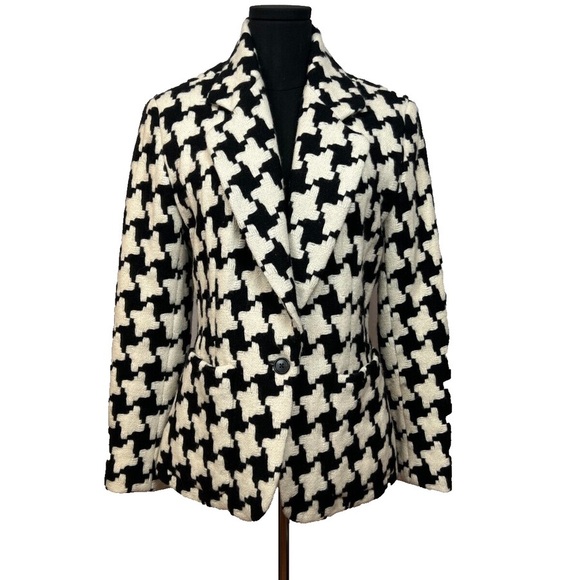 DKNY Houndstooth Tweed Black and Cream 2 Button Wool Blazer with Front Pockets - Picture 7 of 8